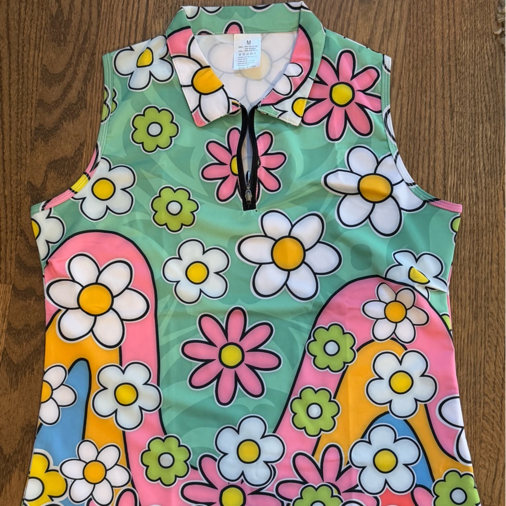 Retro flower power colorful sleeveless tank women sz medium pickleball or golf